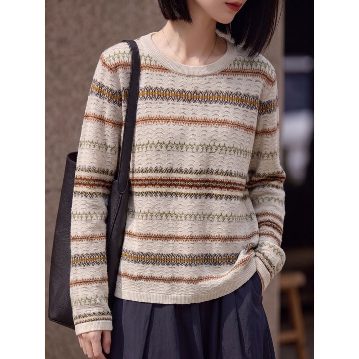 Damen Leichter Rundhals-Pullover im Norwegerstreifen-Design mit strukturierter Ajouroptik Drune