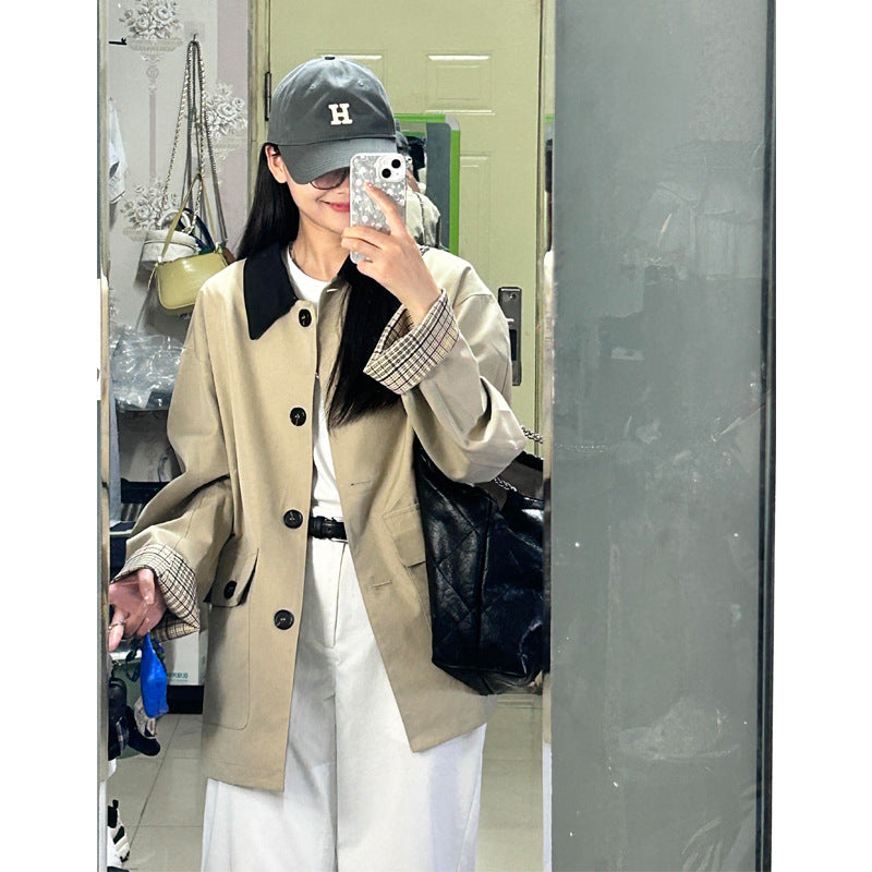 Damen Oversized Trenchcoat mit Kontrastkragen und karierten Umschlagmanschetten Drune