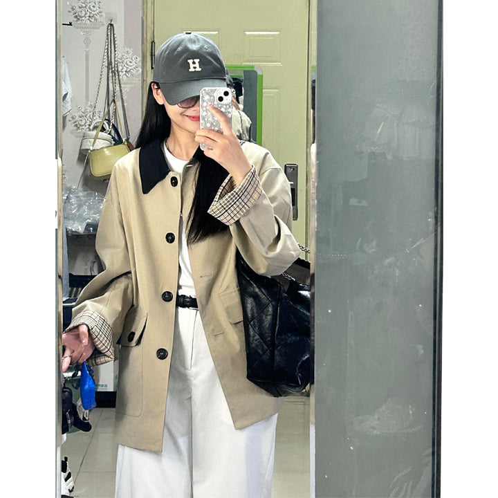 Damen Oversized Trenchcoat mit Kontrastkragen und karierten Umschlagmanschetten Drune