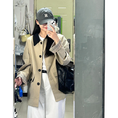 Damen Oversized Trenchcoat mit Kontrastkragen und karierten Umschlagmanschetten Drune