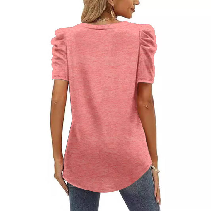 Damen trendiges V-Ausschnitt T-Shirt mit Puffärmeln Drune