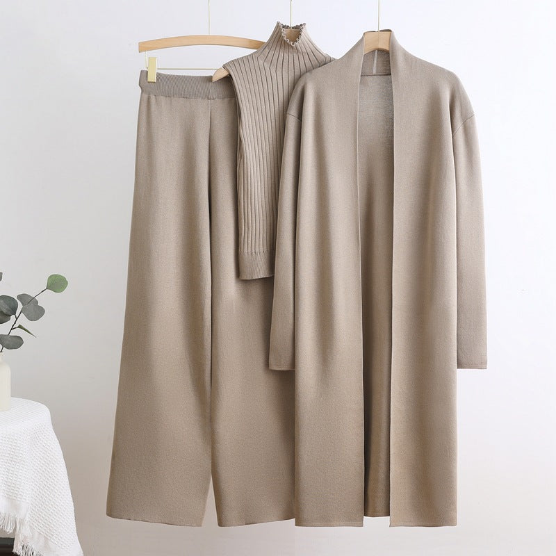 Damen gemütliches Strick-Loungewear-Set mit langem Cardigan und Rippenshirts Drune