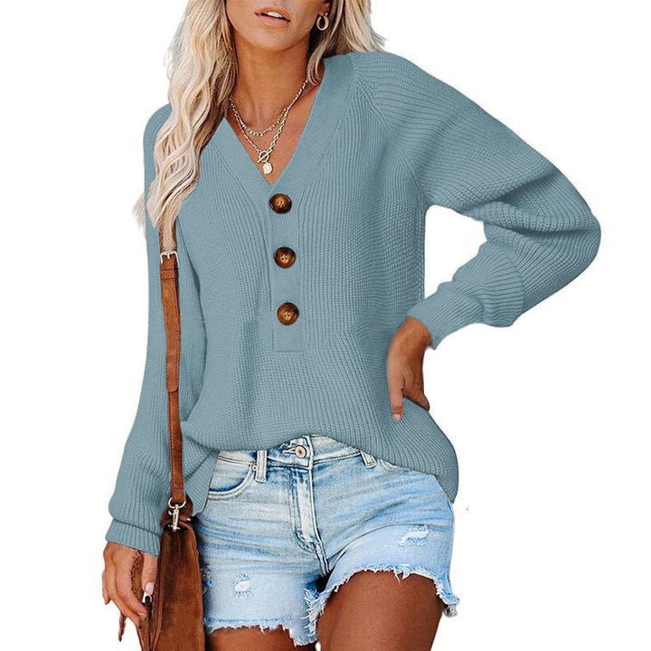 Damen Kaschmir Pullover mit V-Ausschnitt und großen Holzknöpfen Drune