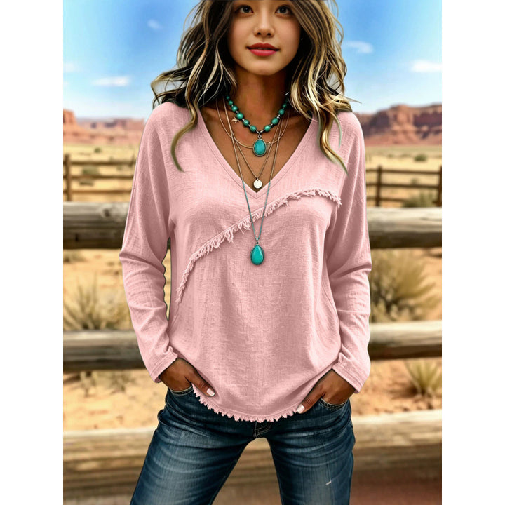 Damen Lässiges V-Ausschnitt Langarmshirt mit diagonaler Fransenblende und Strukturstoff Drune