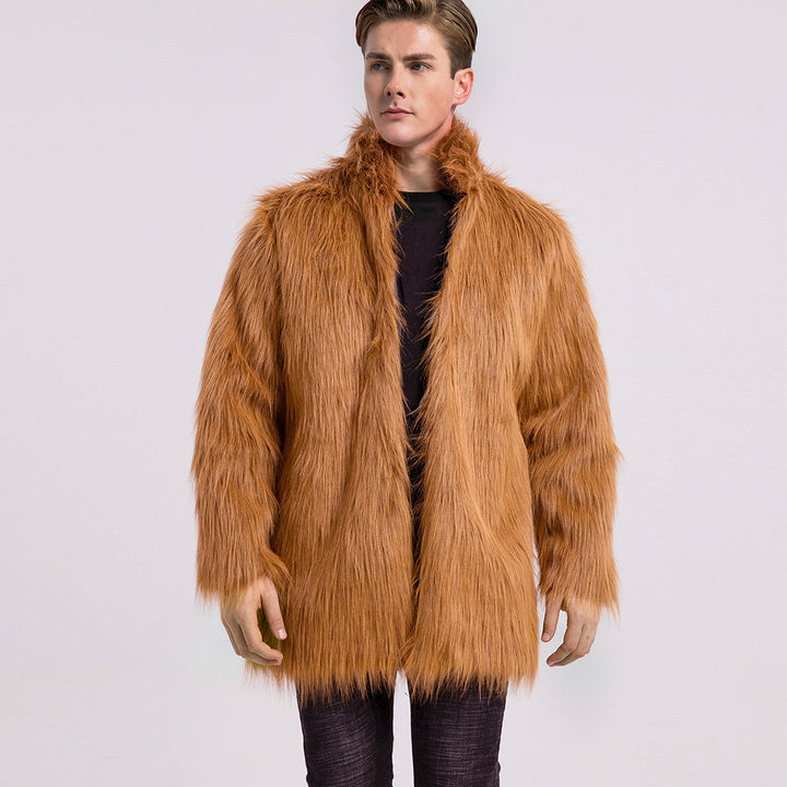 Herren Eleganter Kunstfell-Mantel mit weitem Kragen Drune