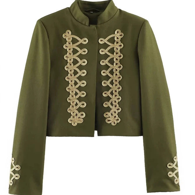 Damen Cropped Militärjacke mit Stehkragen und dekorativen Zierkordeln Drune
