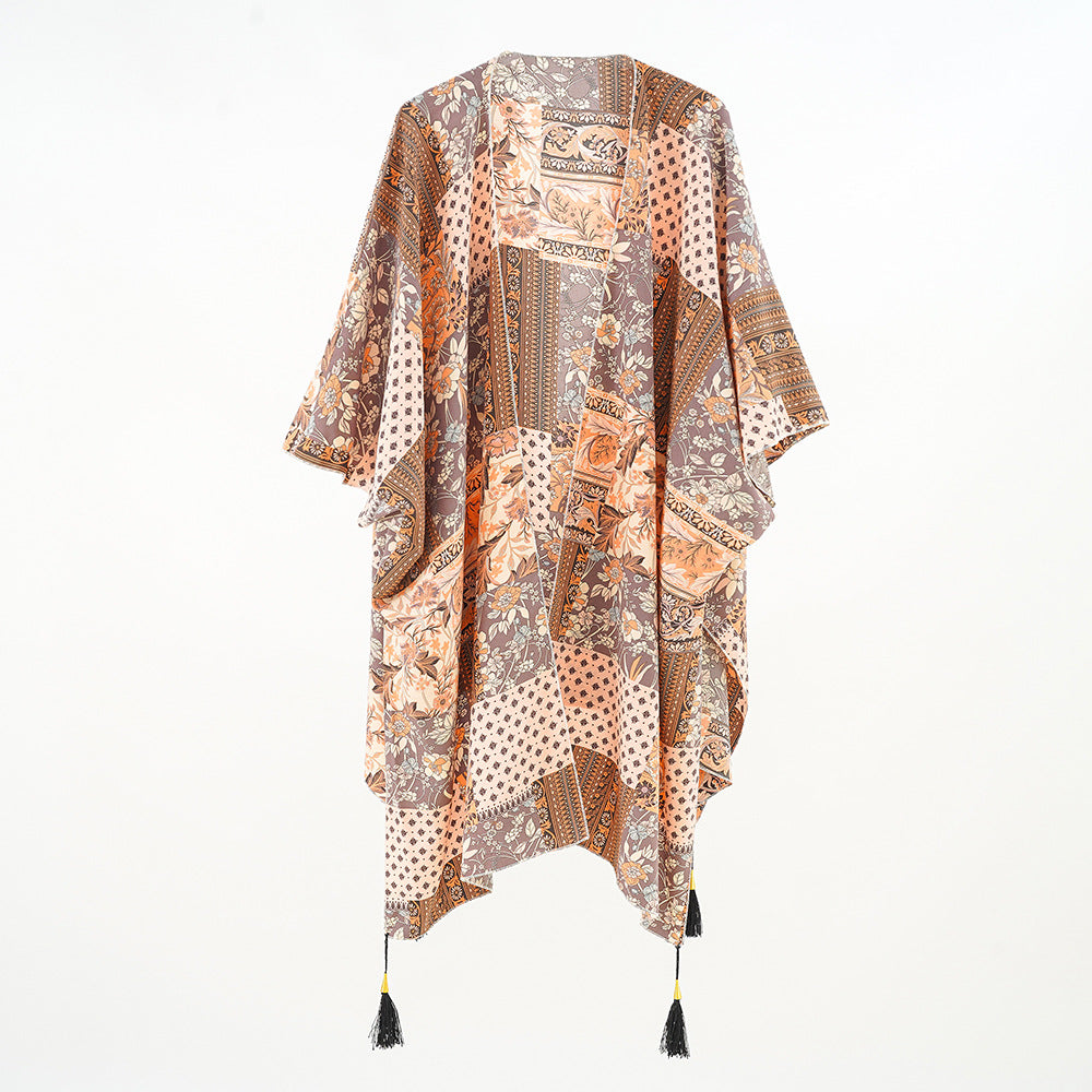 Damen Kaftan-Überwurf mit Patchwork-Blumenprint und Quasten Drune