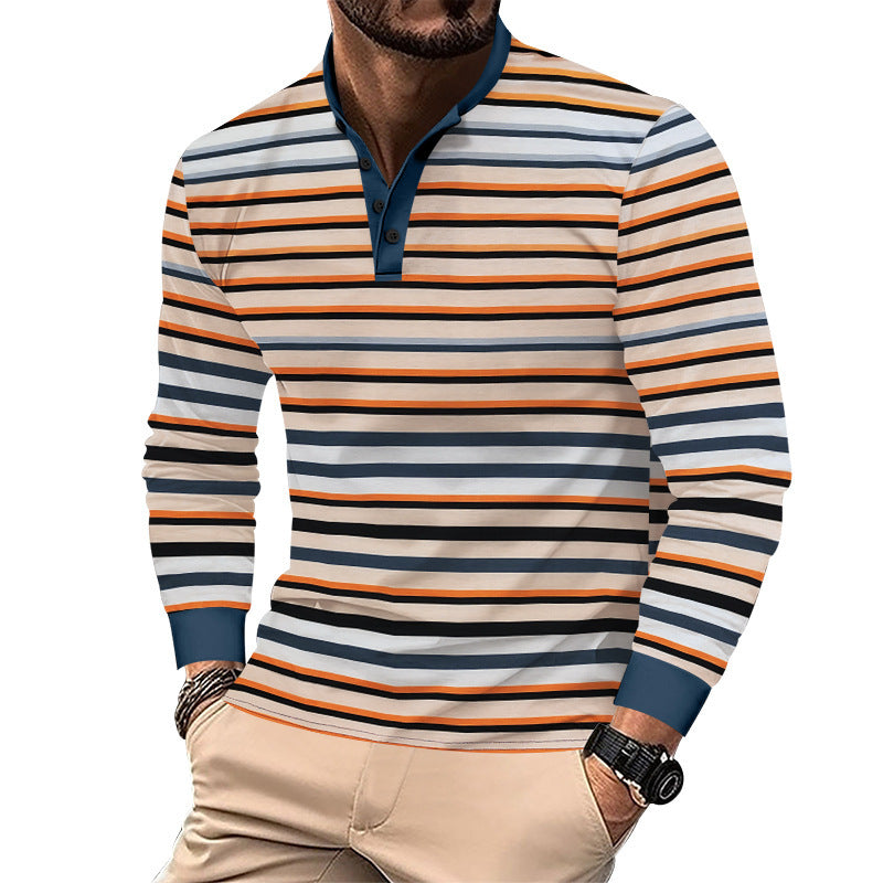 Herren nan gestreiftes Langarm-Henleyshirt mit Stehkragen, schmaler Passform und elastischem Baumwollmix Drune