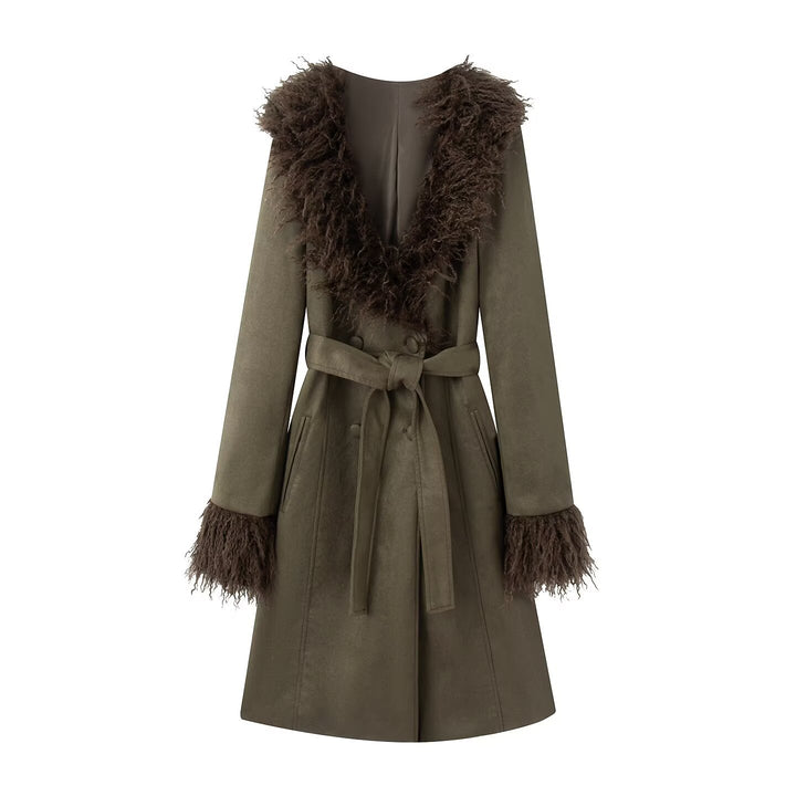 Damen Midilanger Mantel mit Bindegürtel, doppelreihiger Optik und faux‑Lammfell‑Kragen Drune