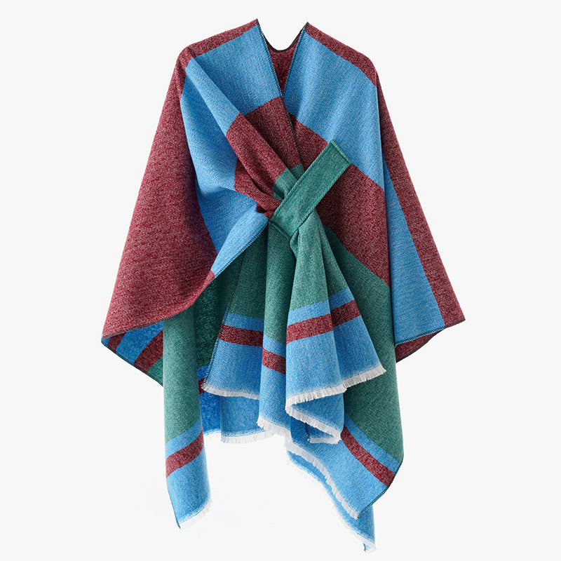 Damen Strickponcho mit geometrischem Blockmuster und Fransen Drune