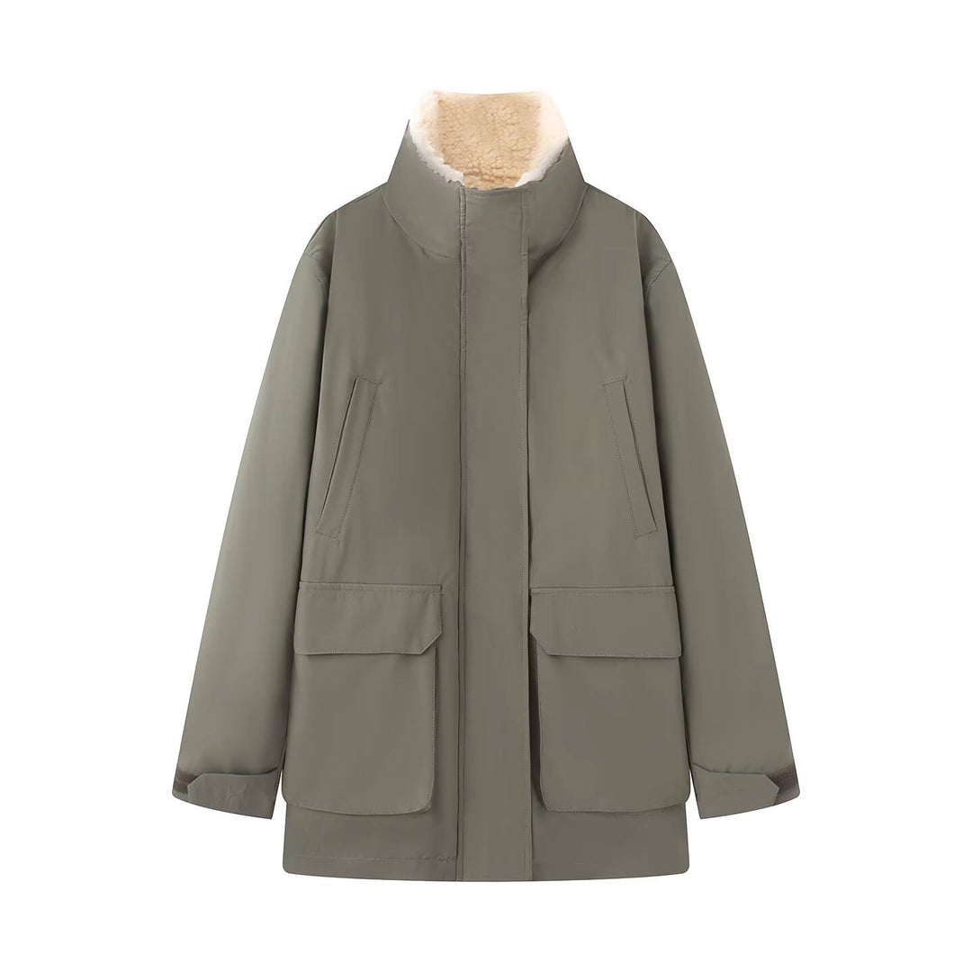 Damen Wattierte Parka‑Jacke mit hohem Teddykragen und aufgesetzten Klappentaschen Drune