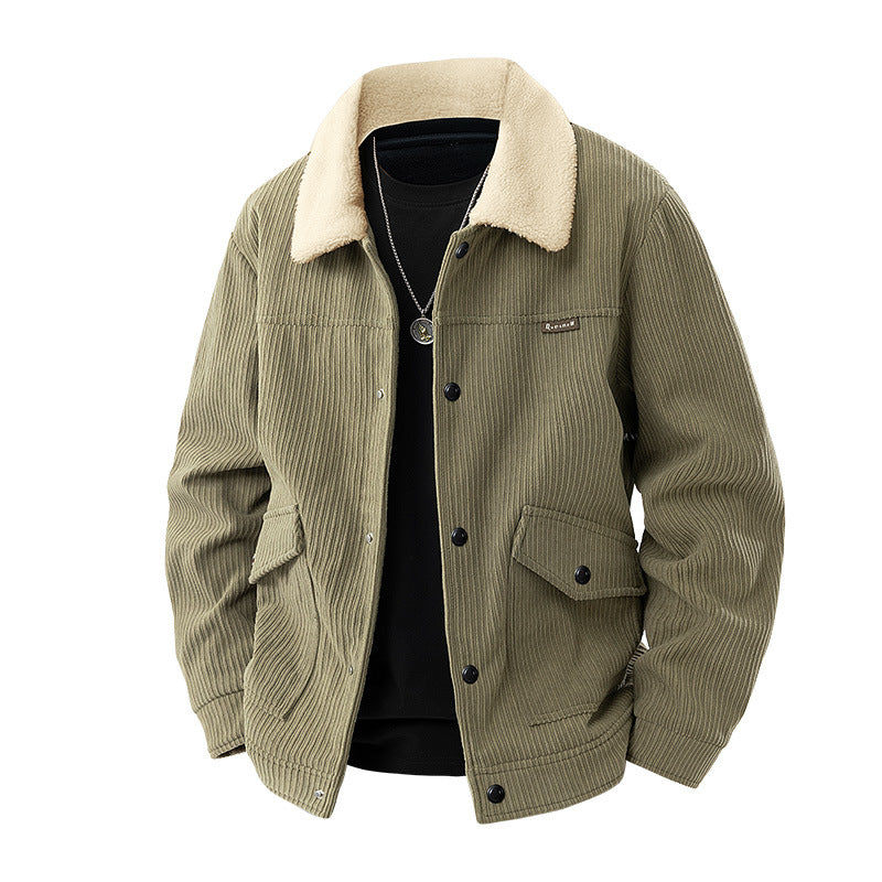 Männer's  schwerer geripptes Corduroy-Jacke mit Sherpa-Kragen und Druckknopfklapptaschen Drune