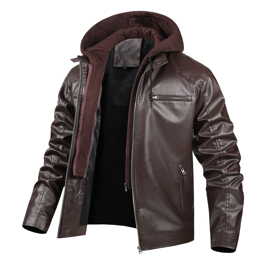 Herren modische Kunstlederjacke mit abnehmbarer Kapuze Drune