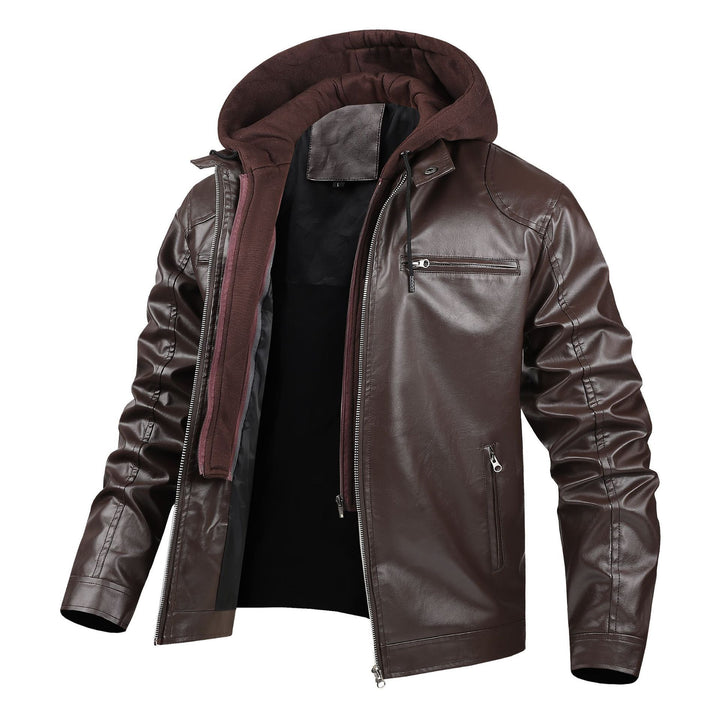 Herren modische Kunstlederjacke mit abnehmbarer Kapuze Drune