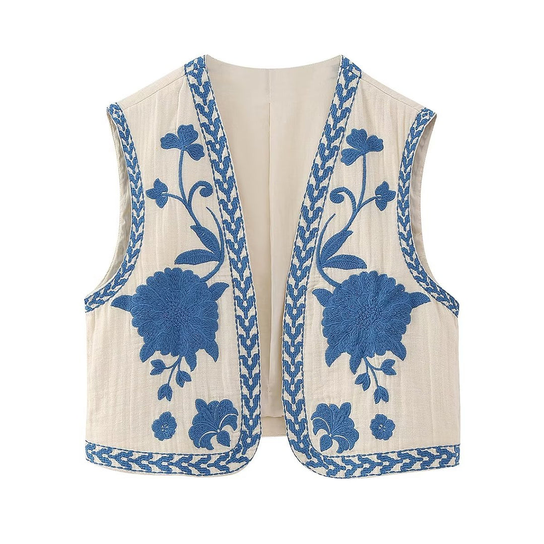 Damen nan bestickte Kurzweste mit opulenter Blumenstickerei, taillierter Silhouette und offener Front Drune