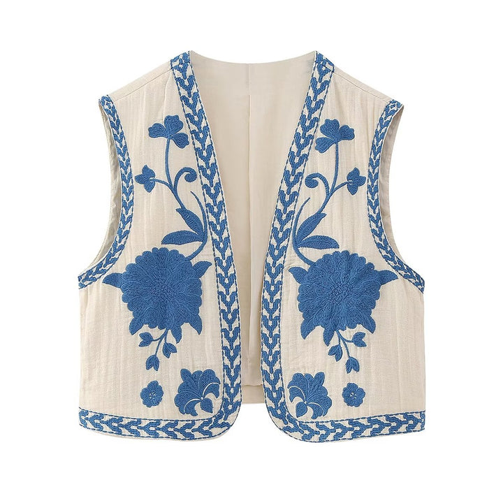 Damen nan bestickte Kurzweste mit opulenter Blumenstickerei, taillierter Silhouette und offener Front Drune