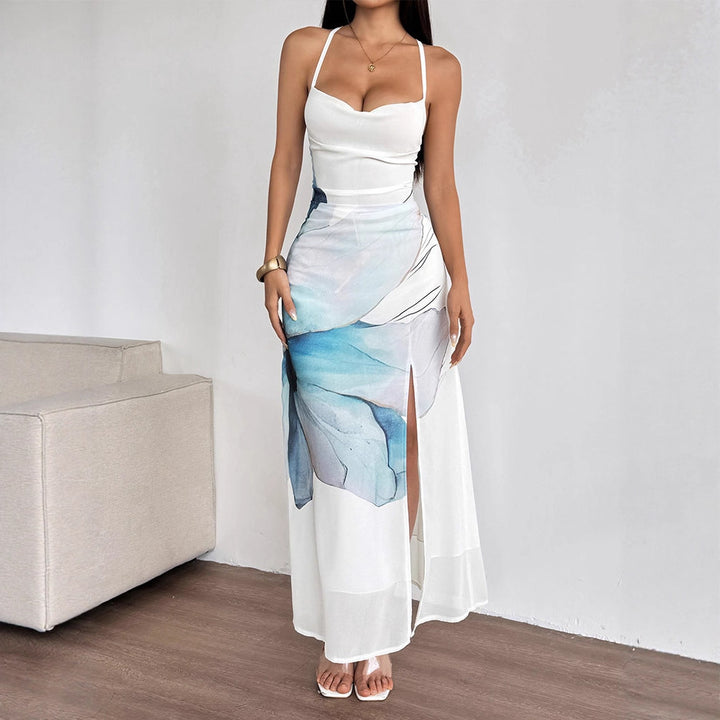 Damen Maxikleid mit zartem Blumenmotiv und spielerischen Spaghettiträgern Drune