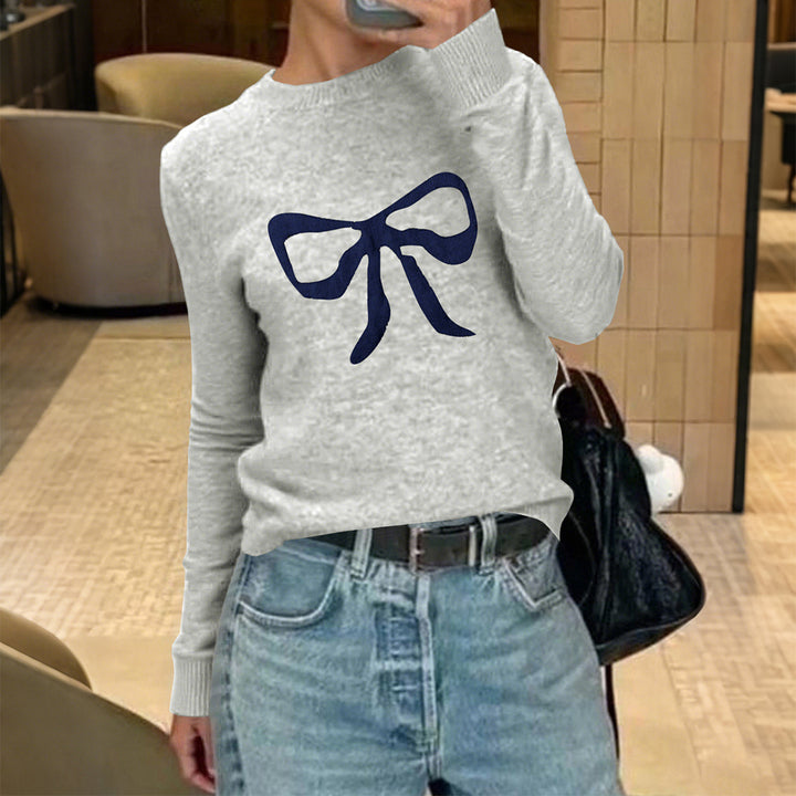 Damen nan Feinstrickpullover mit großem Schleifenprint, Rundhalsausschnitt und schmaler Passform Drune