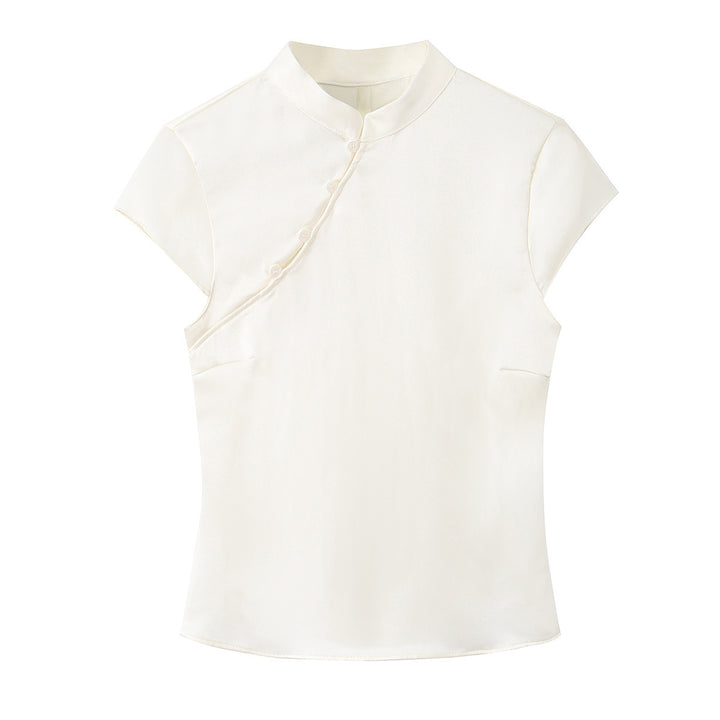 Damen elegantes Oberteil mit asymmetrischem Kragen und Knopfdetails Drune