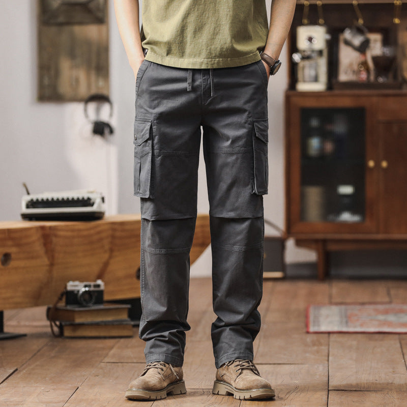 Herren Gerade geschnittene Canvas-Cargohose mit Klapp-Utility-Taschen und Kordelbund Drune