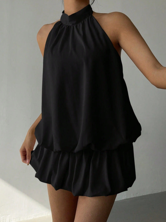 Damen sommerliches Minikleid mit haltem Kragen und asymmetrischem Design Drune