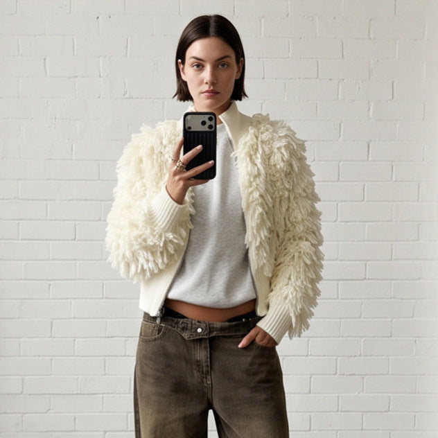 Damen Kurze Strickjacke mit puscheliger Bouclé-Optik, Reißverschluss und breitem Rippenbund Drune