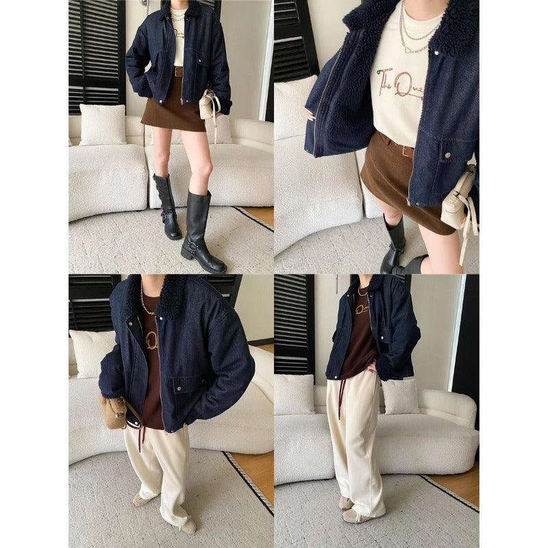 Damen lässige Kurzjacke mit gefüttertem Kragen und praktischen Taschen Drune