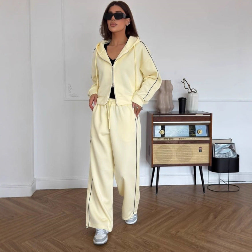 Damen Lässiges zweiteiliges Lounge-Set mit oversized Zipjacke und weitem Kordelzug-Hosenbund Drune