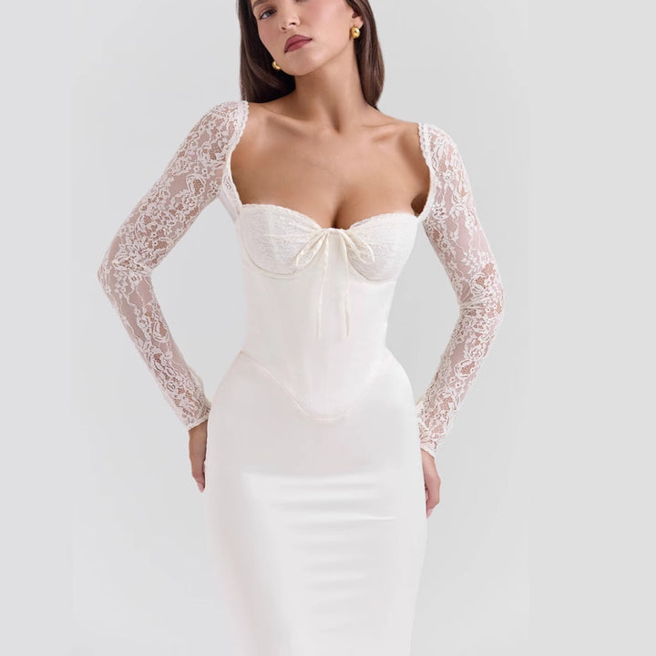 Damen Elegantes hochgeschlossenes Abendkleid mit Spitze und taillierter Silhouette Drune