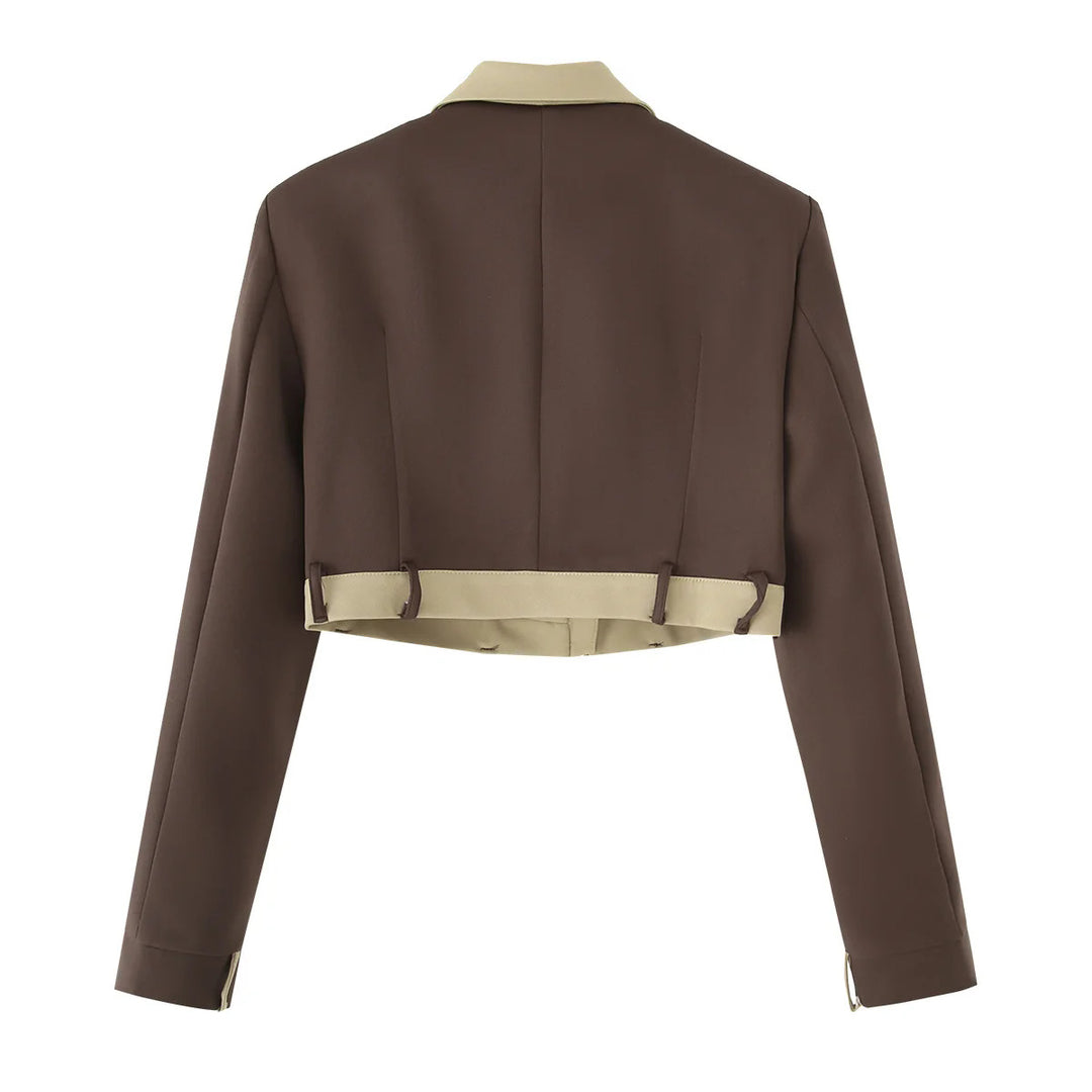 Damen nan kurzes Zweiteiler-Set: Blazer mit Umlegekragen und Highwaist-Weitbeinhose im Colorblock-Design Drune