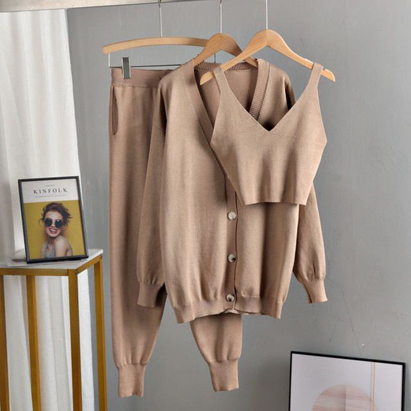 Damen stilvolles Strickset mit Knopfdetaillierung Drune