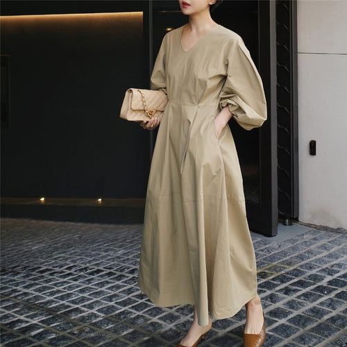 Damen Maxikleid mit weiten Ballonärmeln und seitlichen Eingrifftaschen Drune