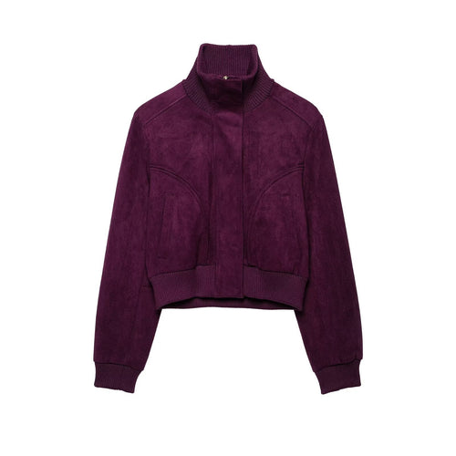 Damen Cropped Veloursjacke im Bomberstil mit hohem Rippkragen und Taillenbündchen Drune