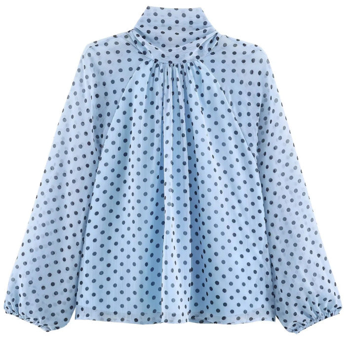 Damen 100+ Chiffonbluse mit Schleifenkragen, Puffärmeln und Tupfenprint Drune