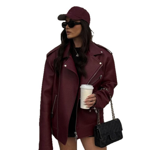Damen Oversize Bikerjacke aus Struktur-Kunstleder mit asymmetrischem Reißverschluss Drune