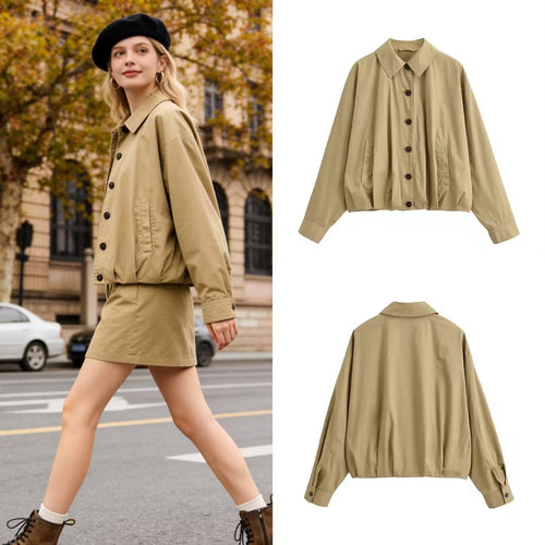 Damen Leichte Cropped Bomberjacke mit Knopfleiste und Gummizugsaum Drune