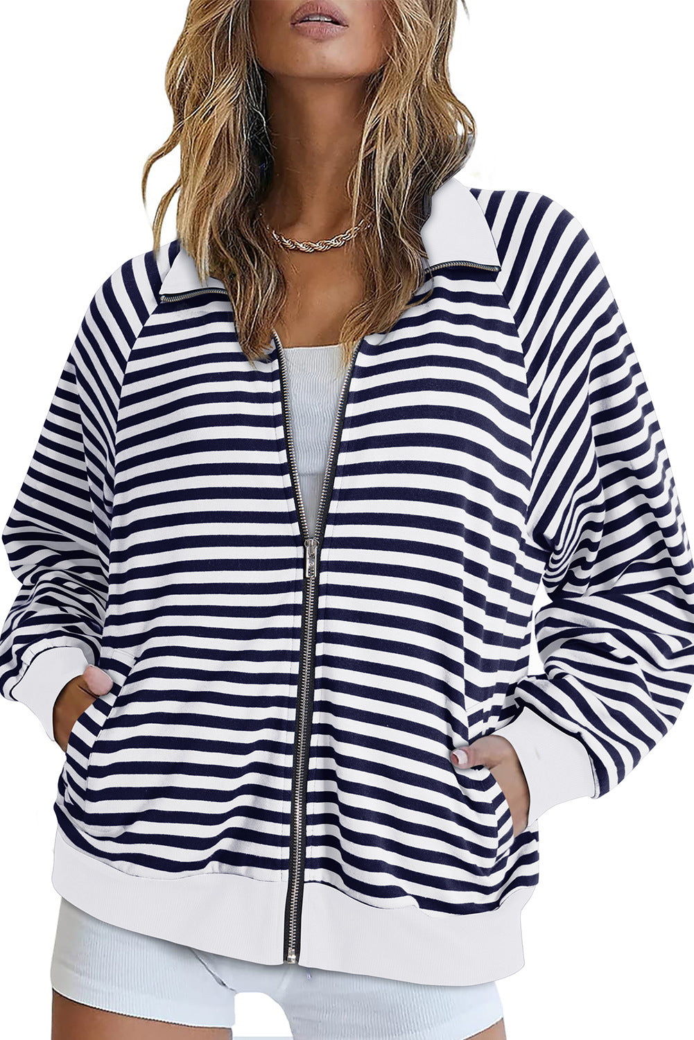 Damen Gestreifte Zip‑Jacke mit Reißverschluss, Raglanärmeln und Rippbündchen Drune