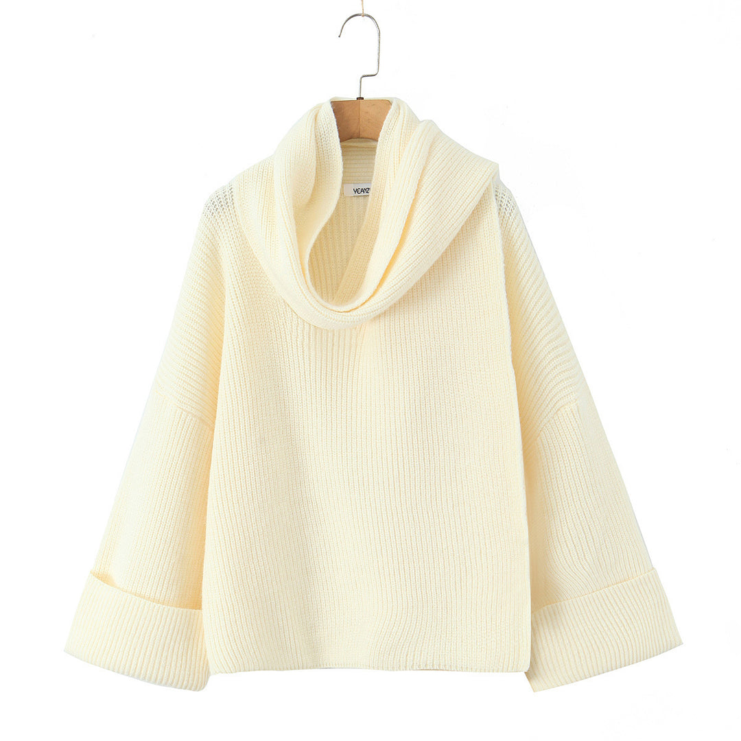 Damen Boxy-Cropped Grobstrick-Pullover mit voluminösem Schalkragen Drune
