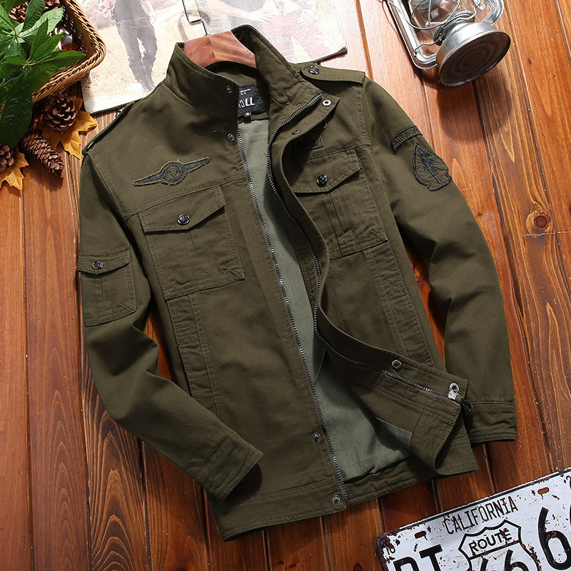Herren leichter Canvas-Militärblouson mit Stehkragen, Schulterklappen und Mehrfach‑Pattentaschen Drune