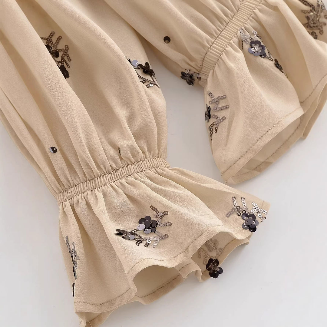 Damen Chiffonbluse mit floraler Pailletten-Stickerei, Stehkragen und geraffter Taillenpasse Drune