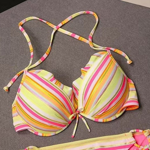 Damen Bikiniset mit farbenfrohem Streifenmuster und dekorativen Rüschen Drune