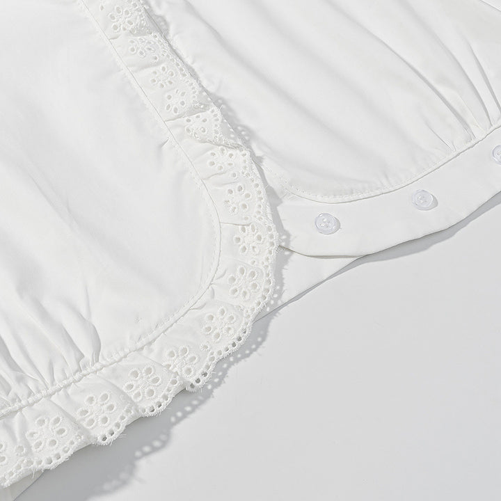 Damen Kurzbluse mit Broderie-Anglaise‑Besatz, Stehkragen und geraffter Taillenpartie Drune