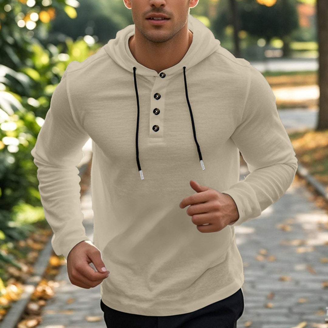 Herren nan lässiger Kapuzenpullover im Henley‑Stil mit Knopfleiste und verstellbarem Kordelzug Drune