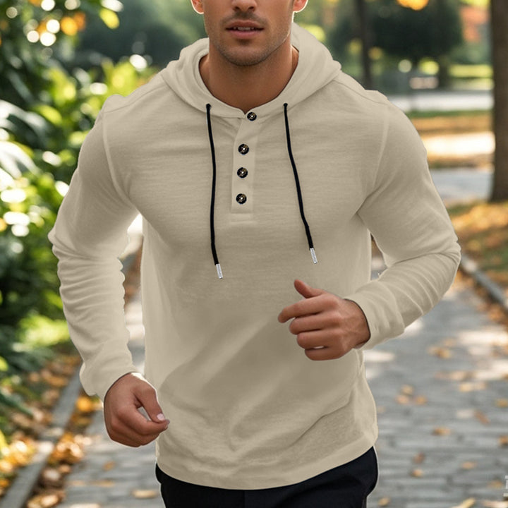 Herren nan lässiger Kapuzenpullover im Henley‑Stil mit Knopfleiste und verstellbarem Kordelzug Drune