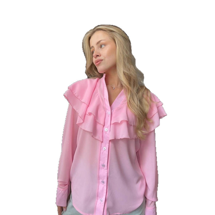 Damen Chiffon-Bluse mit mehrlagiger Volant-Rüsche und Perlmuttknöpfen Drune