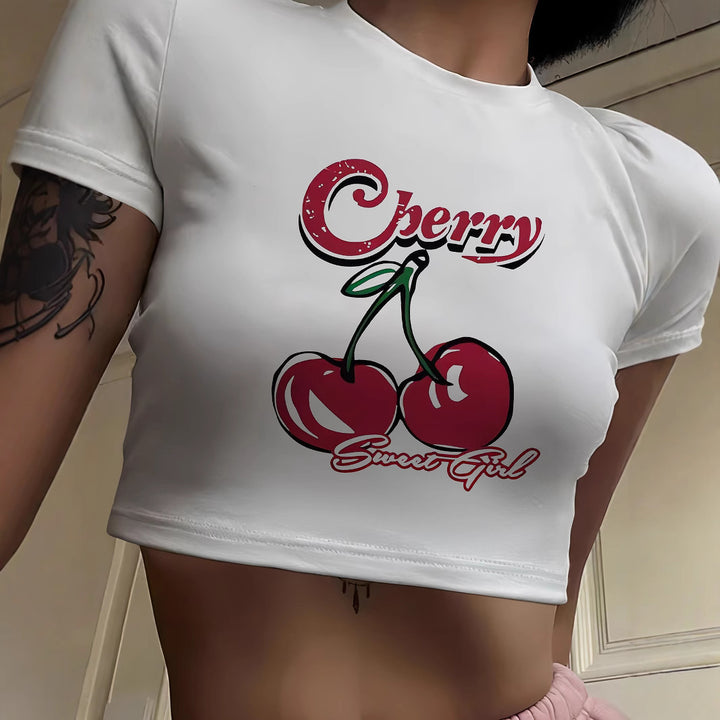 Damen Crop-T-Shirt mit fröhlichem Kirschmotiv Drune