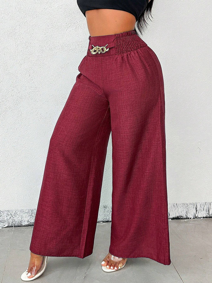 Damen Weite Leinenoptik-Hose mit hohem Smokbund und dekorativer Kettenapplikation Drune