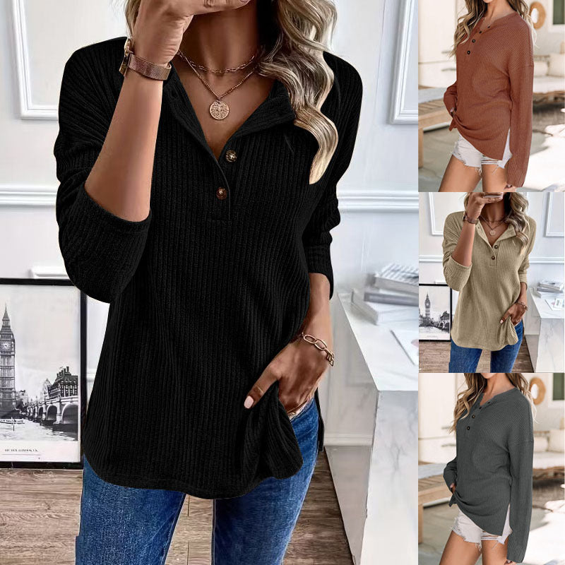 Damen Gerippter Longsleeve-Pullover mit Henley-Kragen und lässiger Tunika-Passform Drune