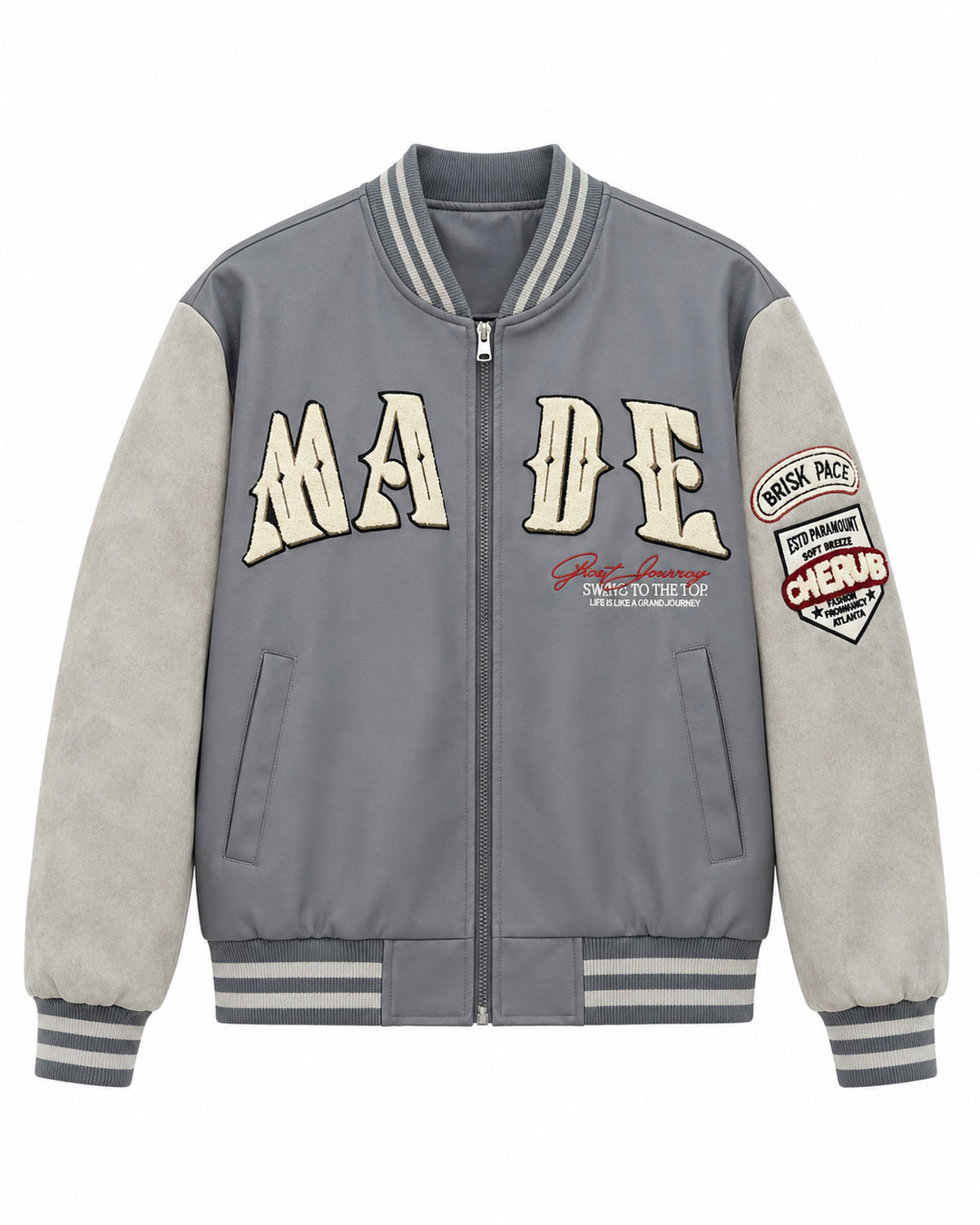 Herren Collegejacke im Letterman‑Style mit Kunstlederkörper und Veloursärmeln Drune