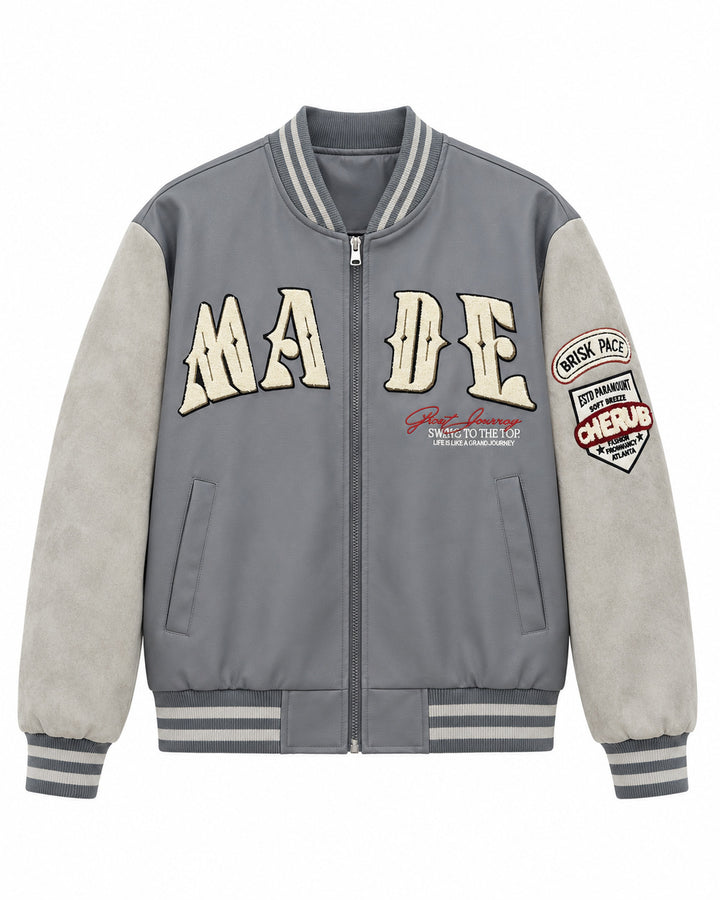 Herren Collegejacke im Letterman‑Style mit Kunstlederkörper und Veloursärmeln Drune